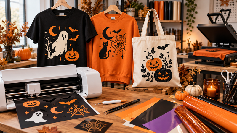 Atelier créatif Halloween avec t-shirts, sweat et tote bag personnalisés en flex thermocollant orange, noir et pailleté