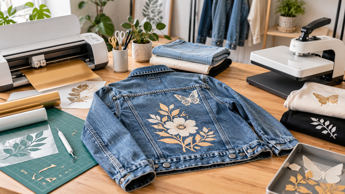 Atelier de personnalisation textile avec veste en jean décorée au flex thermocollant, machine de découpe et presse à chaud